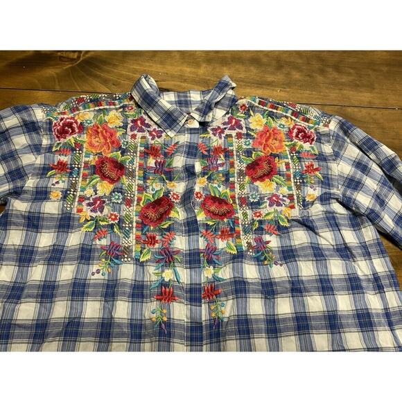 Johnny Was J3 Workshop Button Up Embroidered Floral Plaid Blouse Small - Picture 2 of 11
